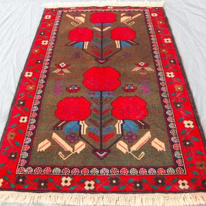 Afghan Baluchi Flower Design Rug - 3&#39;2x4&#39;7 ft (97x140 cm) Brown Handmade Premium Wool  Organic dyes Rug - Tribal Soft Pile Rug - Kitchen Rug