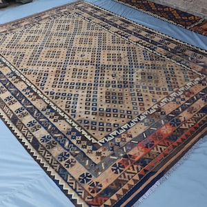 200x300 Terrakotta Flachgewebe Wollteppich - Handgefertigter Antiker Tribal Teppich - 1970er Jahre Kilim Teppich - Teppich für Schlafzimmer - Esszimmer - Teppich