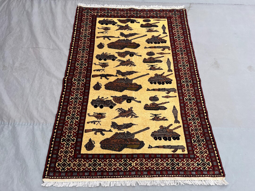 Millitary Rugs 4x6 Ft Handmade Afghan War Rug - Military Motifs Handmade Tribal Wool ...