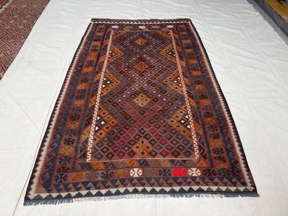 Antique Afghan Tribal Kilim Rug – 6x9 Ft Vintage Brown Multicolor