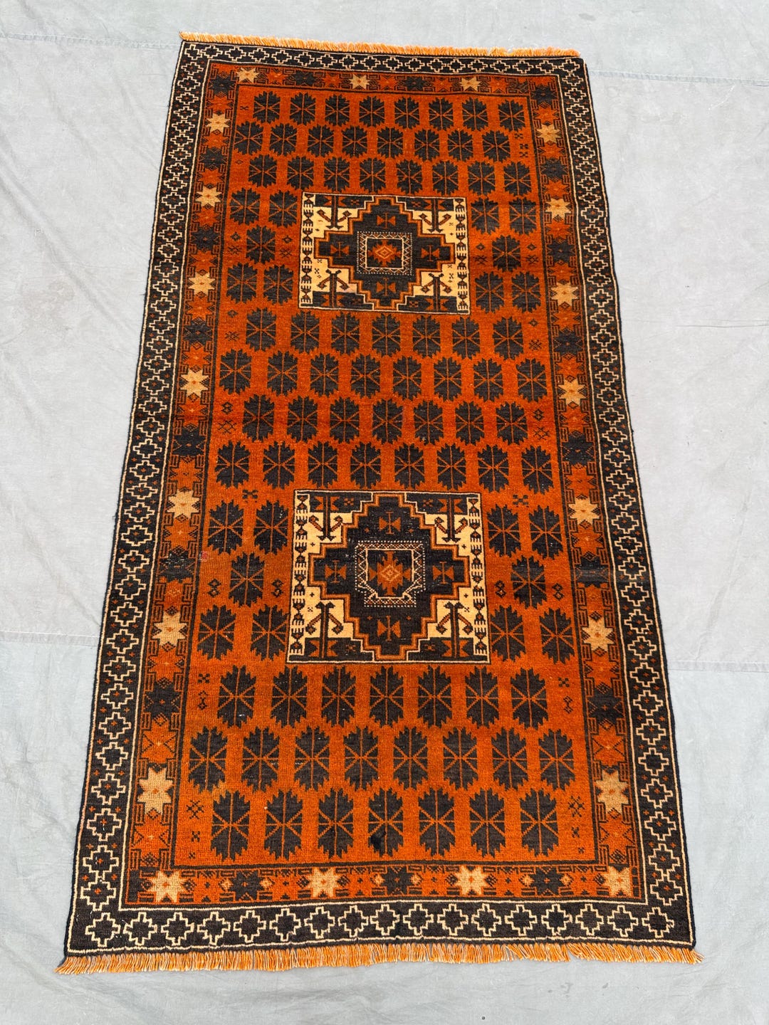 Tribal Afghan Qundozi Rug 6x3 Ft _with Warm Rust and Black Tones, Bold ...