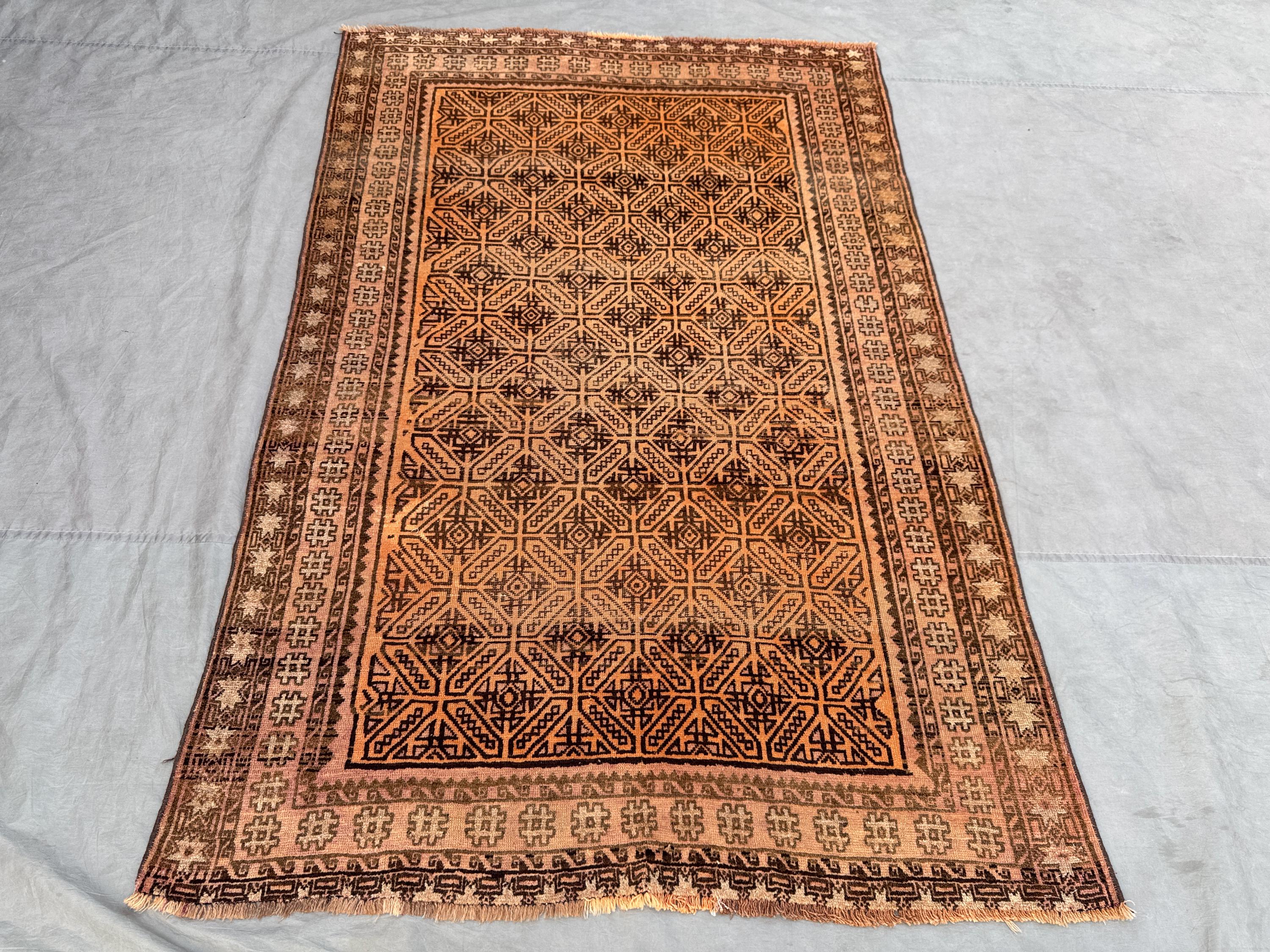 ラグ・カーペット Vintage Taimani rug Antique Afghan Taimani Wool Rug 7x3 Ft _ Tribal Geometric Diamond