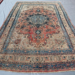 1950s Antique Tabriz Area Rug - 8x11 Ft Persian Style Hand Knotted Wool Medallion Ethnic Rug - Vintage Low Pile Faded Rug - Living Room Rug