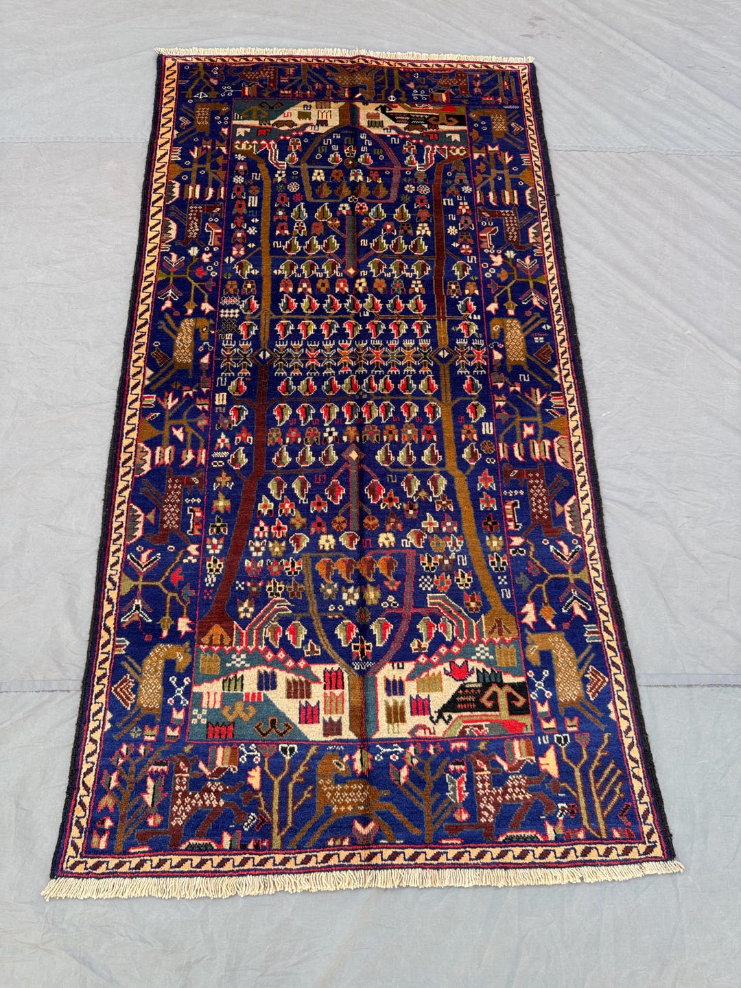 Rare Pictorial Afghan Baluchi Rug 6x3 Ft _ Deep Blue Tree Motif Design ...