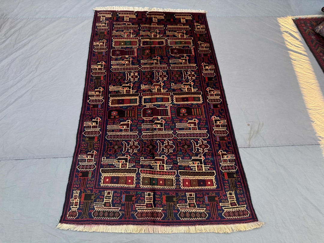 Rare Tribal Afghan War Rug 6x3 Ft _ Bold Baluchi Tank & Symbol Pattern ...