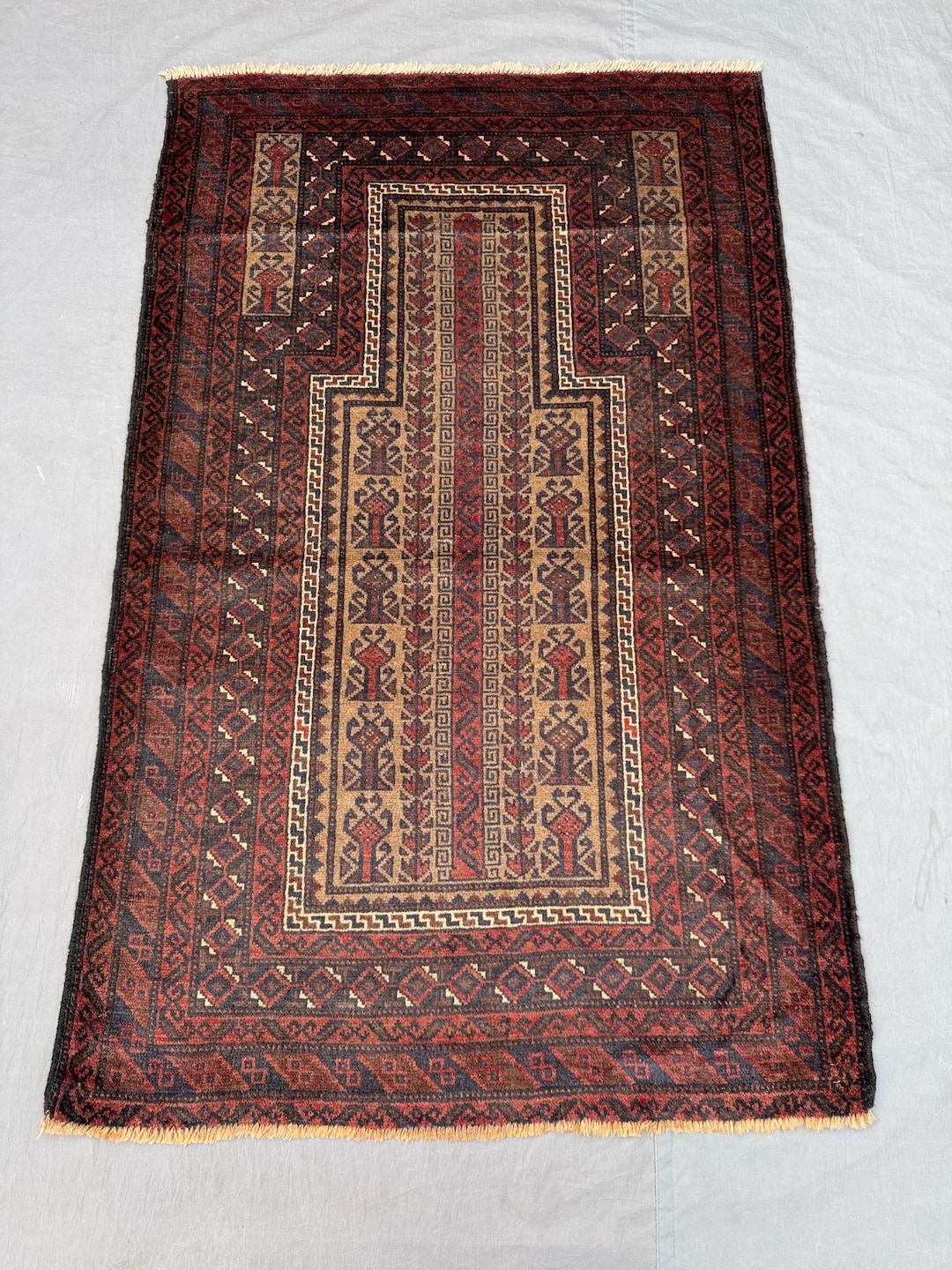 Vintage Afghan Baluchi Prayer Rug 5x3 Ft _ With Classic Mihrab Design ...