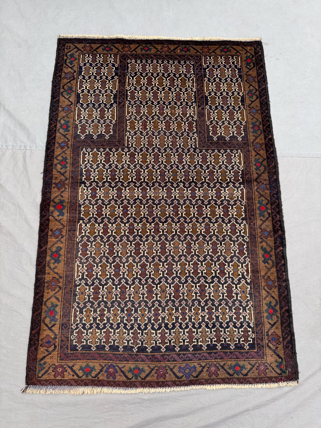 Antique Afghan Baluchi Prayer Rug 4x3 Ft _ With Earthy Brown Field ...