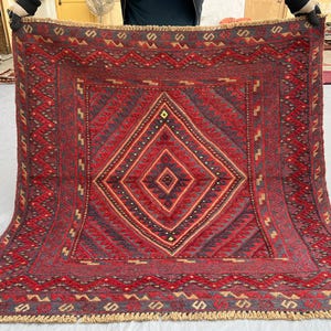 Handmade Mushwani Rug 4x4 ft, Afghan Tribal Red Wool Carpet, Geometric Diamond Pattern Vintage Boho Area Rug, Unique Square Decor Piece