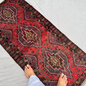 3x6 ft Antique Afghan Baluchi Rug | Hand Knotted Wool Tribal Geometric Carpet | Red Oriental Afghan Rug | Vintage Nomadic Medallion Rug