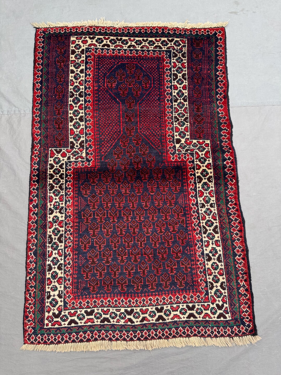 Vintage Afghan Baluchi Prayer Rug 4x2 Ft _ With Deep Red and Navy Field ...