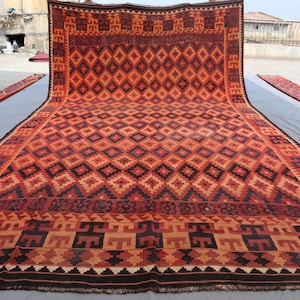 10x16 (293x495 cm) Antique Red Kilim Rug - Afghan Handmade Flatweave Vintage Kilim - Turkmen Tribal Geometric Kilim - Rug For Living Room