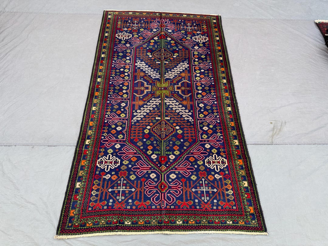 Vintage Afghan Baluchi Rug - Deep Blue Field and Multicolor Geometric ...