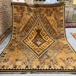 Maimana Antique Kilim Rug - 7x10 Terracotta Vintage Medallion Design kilim - Afghan Hand Knotted Wool Kilim Rug - Flatweave Tribal Kilim Rug