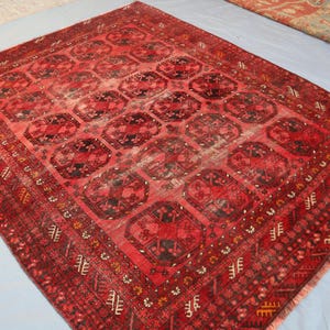 7x9 Antique Turkmen Ersari Distressed Low Pile Rug - 1960s Vintage Afghan Rug - Handmade Wool Area Rug - Bedroom Living Room Rug 6.11x8.8 Ft