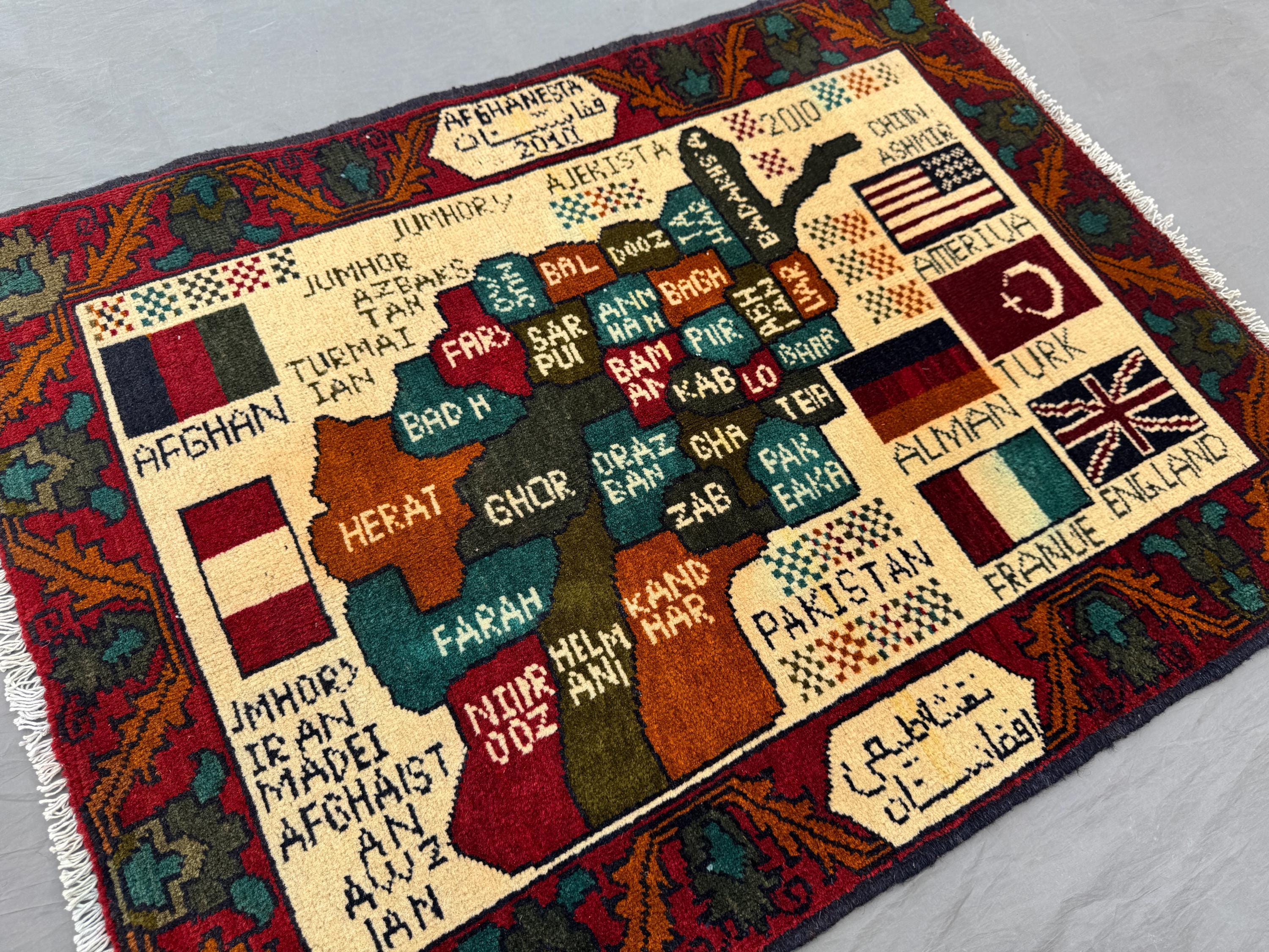 Rare Afghan Pictorial War Rug – Map of Afghanistan Design With Flags ...
