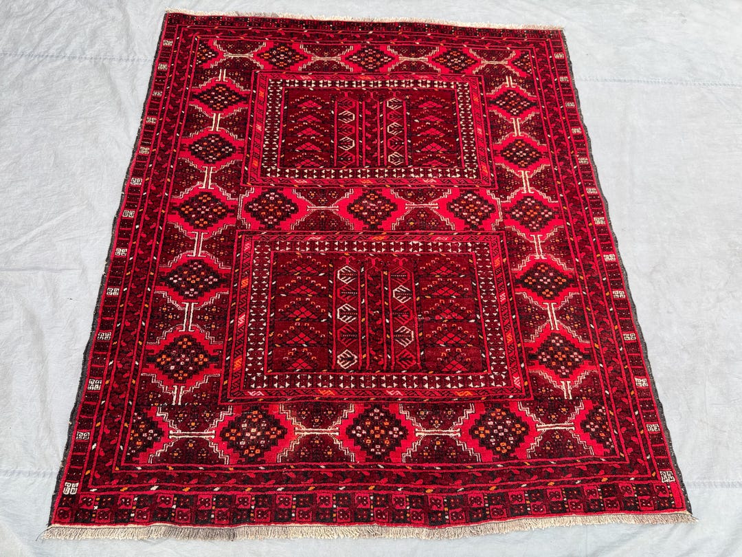Vintage Afghan Kunduz Parda Area Rug 6x5 Ft _ With Bold Tribal ...
