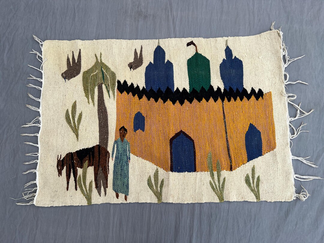 2x3 Ft Rare Afghan Pictorial Kilim Rug – Village Scene Mosque Design ...