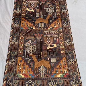Vintage Baluchi Pictorial Rug 4x7 ft – Hand Knotted Wool Carpet, Tribal Animal Scene Design in Deep Brown Multicolor, Unique Statement Piece