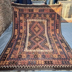 200x300 afghanischer Kelim türkisch inspirierter Terrakotta Kelim Teppich, Handgeknüpfter, verblasster Vintage Flachgewebe Kelim Teppich, Esstisch Teppich