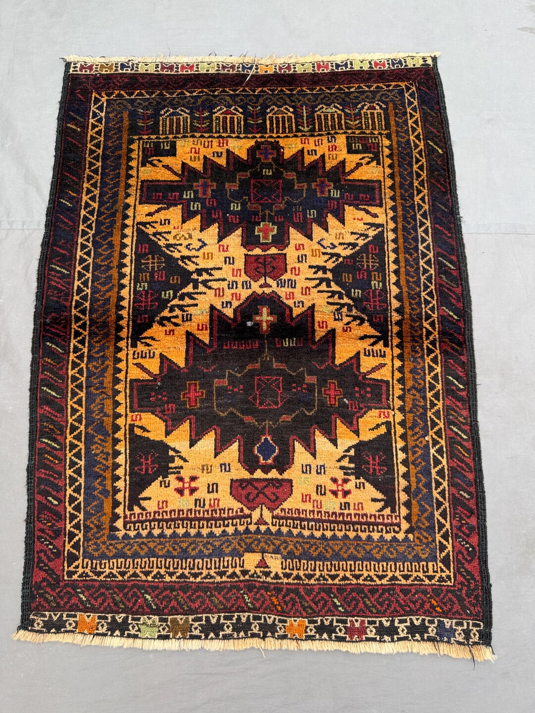 Vintage Tribal Baluchi Rug 3x2 Ft _ Handmade Wool Geometric Medallion ...