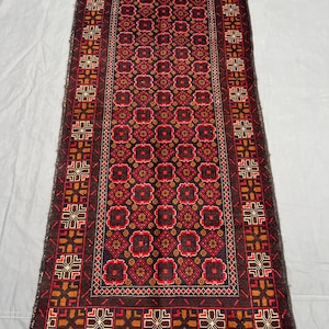3x6 ft Red Baluchi Runner Rug, Afghan Tribal Wool Carpet, Vintage Handmade Geometric Hallway Rug, Narrow Boho Long Area Rug
