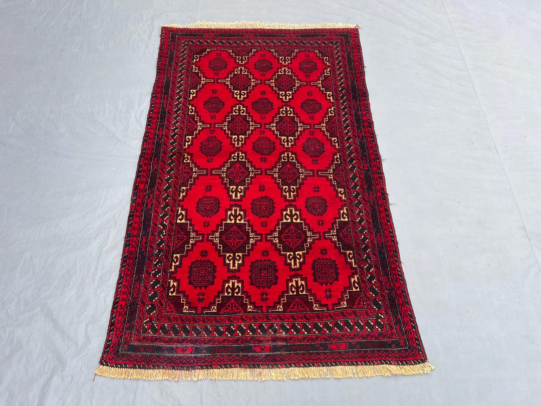 Afghan Khal Mohammadi Wool Rug 6x3 Ft _ Deep Red Tribal Geometric ...