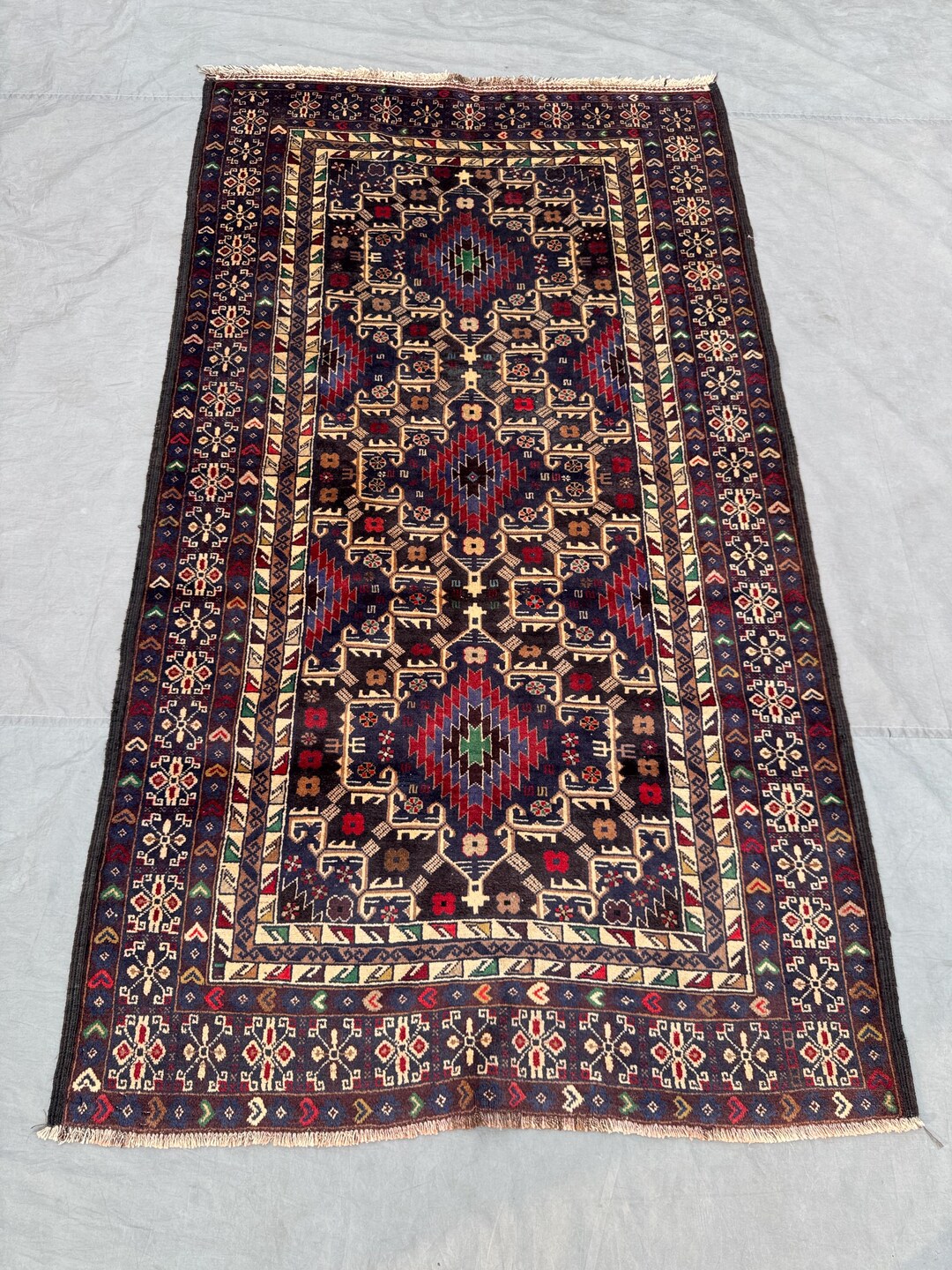 Vintage Afghan Baluchi Tribal Rug 6x4 Ft _ With Dense Geometric Pattern ...