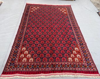 Alfombra afgana vintage con diseño baluchi, alfombra de lana hecha a mano turcomana de 1,8 x 2,7 m, alfombra oriental para dormitorio, alfombra para sala de estar, alfombra tribal bohemia roja.