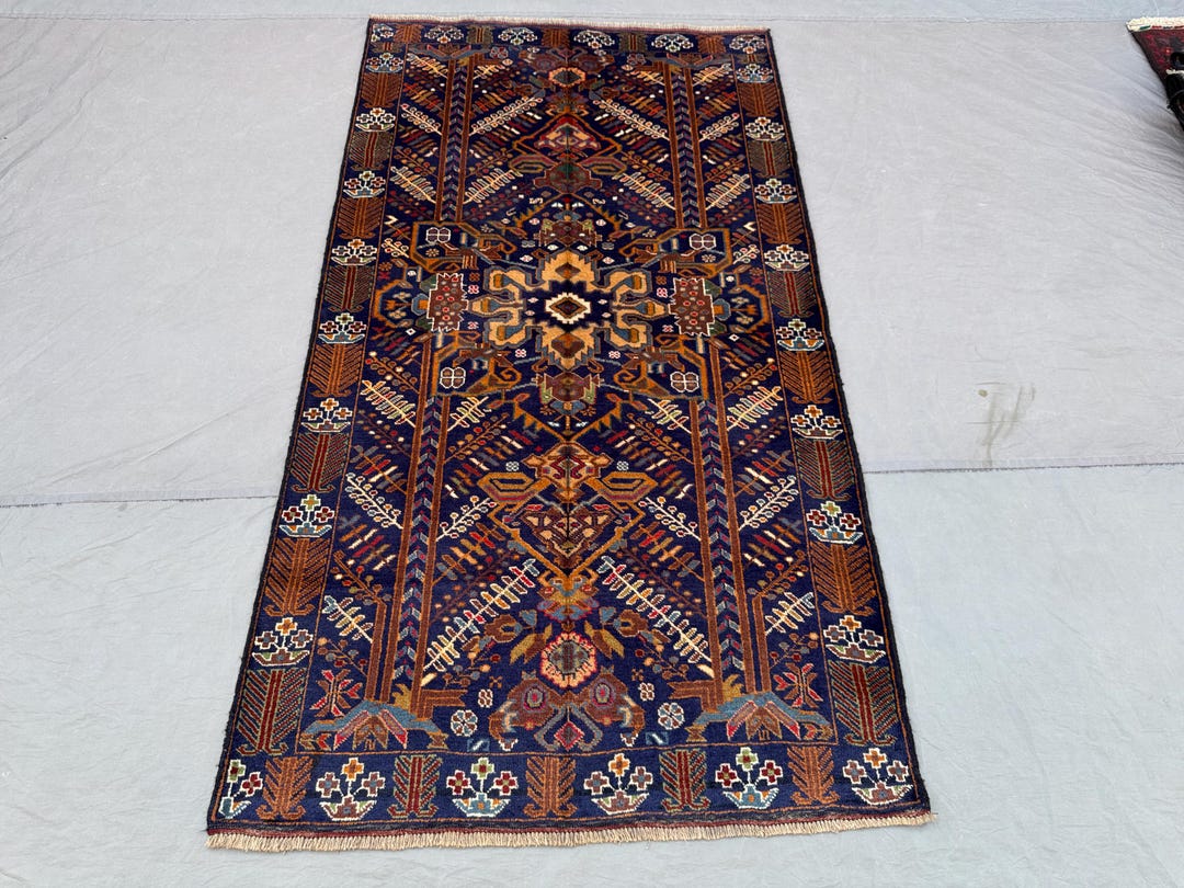 Tribal Afghan Baluchi Rug - Deep Navy Field and Warm Earthy Motifs 6x3 ...