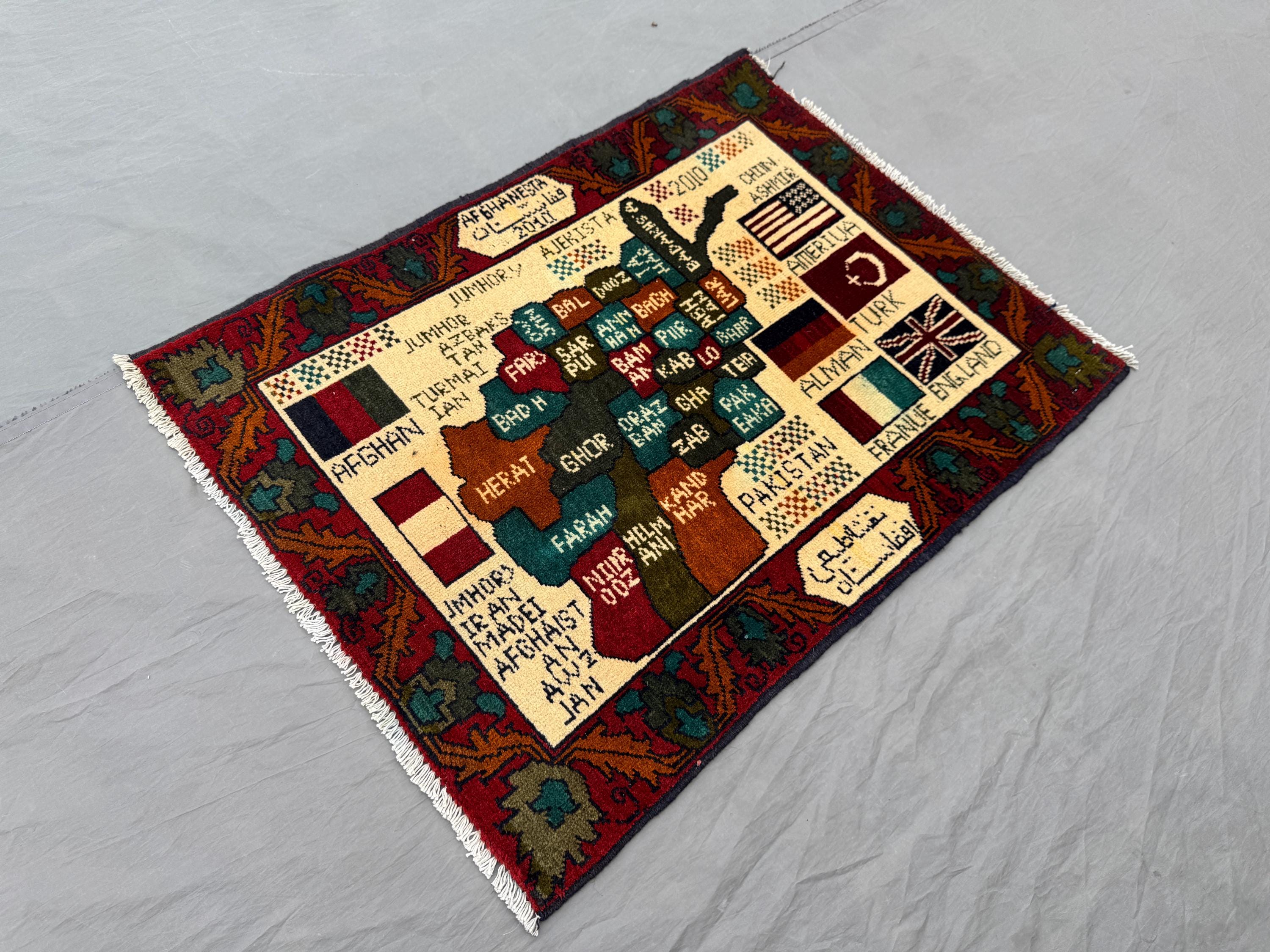 Rare Afghan Pictorial War Rug – Map of Afghanistan Design With Flags ...