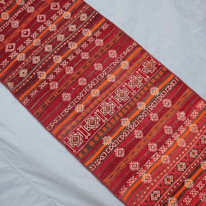 12ft Red Afghan Kilim Runner Rug - Baluch Design Flatweave Kilim Runner Rug - Handmade Wool Geometric Kilim Runner Rug - Hallway Runner Rug