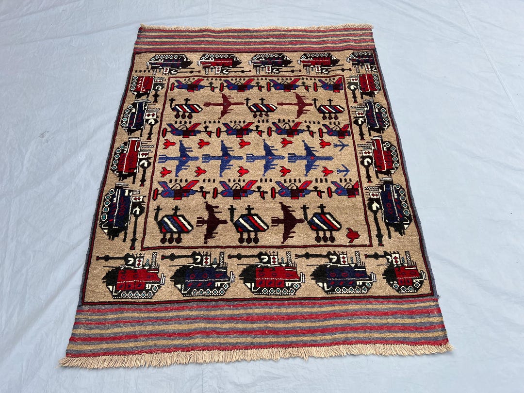 Millitary Rugs Buy Rare Tribal Afghan War Rug 5x4 Ft _ Handmade Wool Pictorial ...