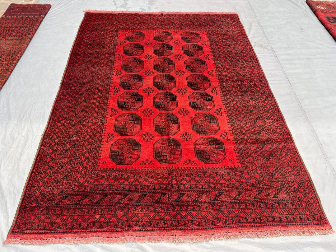 6x9 Ft Vintage Afghan Turkmen Rug – Deep Red Ersari Gul Tribal Wool ...
