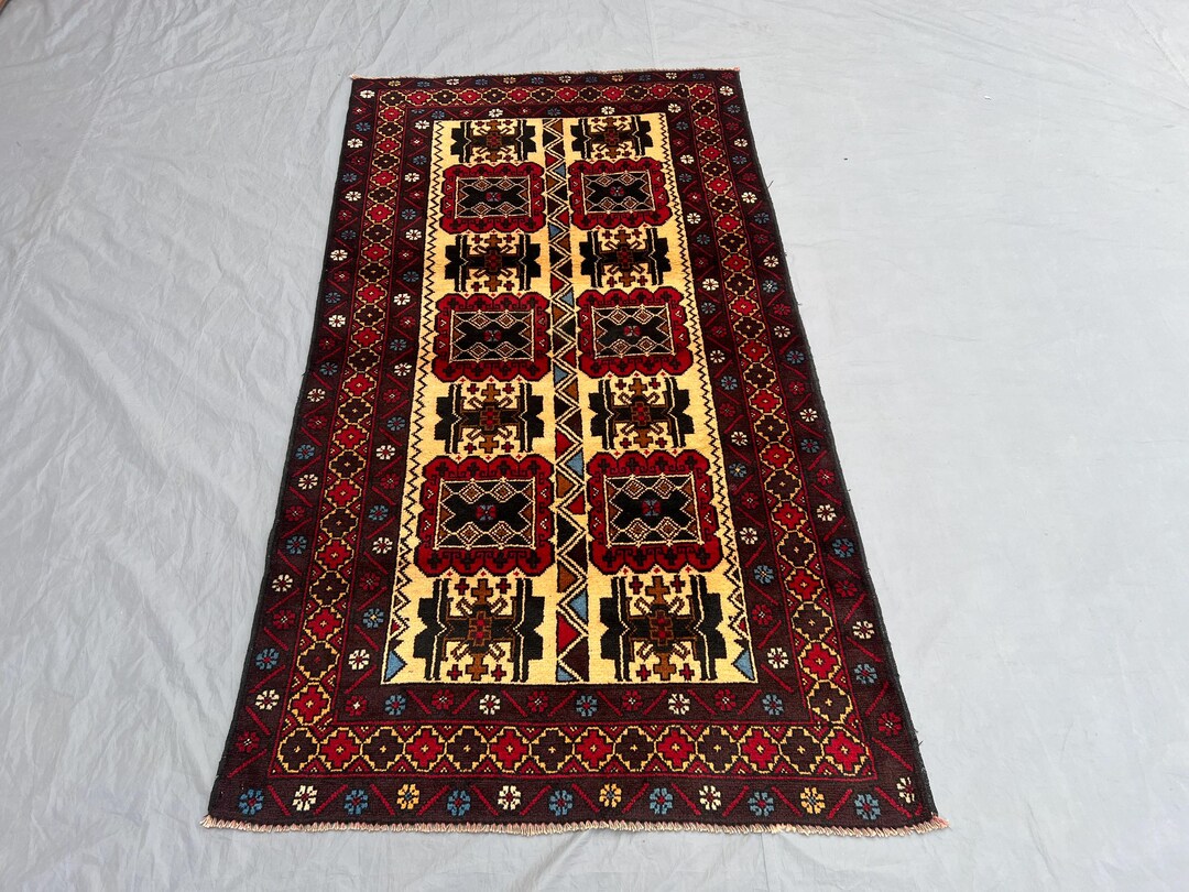 Tribal Baluchi Wool Area Rug 6x3 Ft _ With Ivory Field and Repeating ...