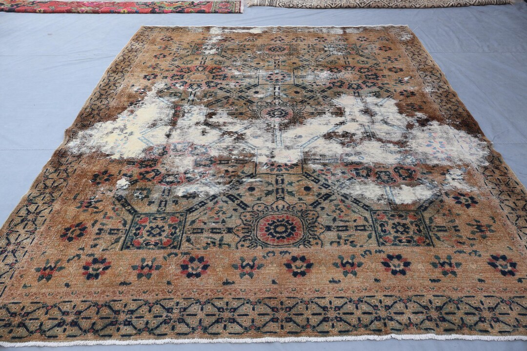 Dilapidated Rug 1920s Antique Distressed Handknotted Rug – Terracotta Brown Vintage Rug ...