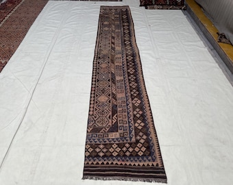 Antique Handwoven Kilim Runner – 3x15 Ft Brown Blue Beige Flatweave – Geometric Medallion & Border Pattern Boho Hallway Decor Carpet.