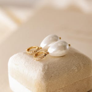 Pearl Tear Drop Huggie Earrings: 18K Gold Dangle Hoops