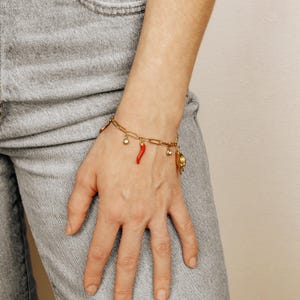 May include: Gold-toned charm bracelet featuring a red chili pepper, a small gold-colored horn, and other charms. The bracelet is worn on a wrist, with a light-colored background.