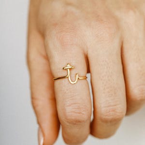Gold Cursive Letter t Ring • Dainty Lowercase Initial Jewelry • Adjustable Sterling Silver Ring
