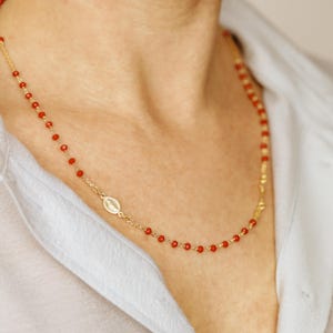 Dainty Red Rosary Necklace: 18K Gold Cross, Sterling Silver