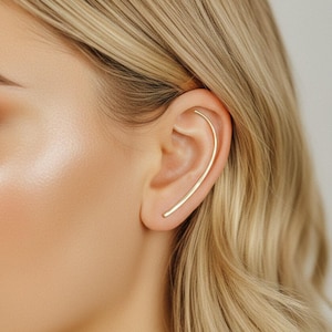 Hammered 50 mm Long Ear Climber, 14k Gold Filled Ear Sweep Minimalist Bar Studs