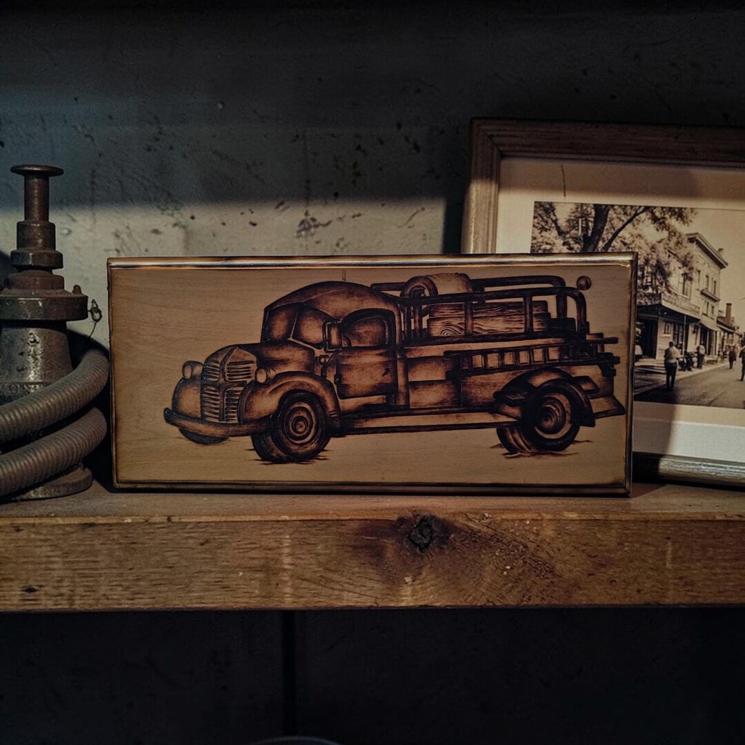 Vintage Fire Truck Pyrography Art – Handmade Wood Burn Firefighter Gift ...