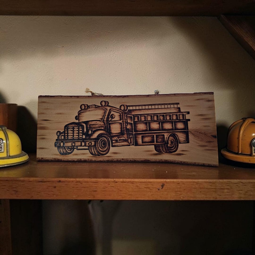 Vintage Fire Truck Pyrography Art – Live Edge Wood Slab Firefighter ...