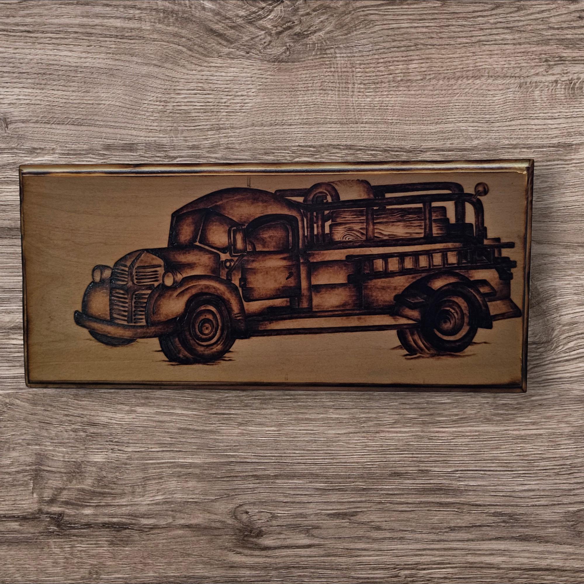 Vintage Fire Truck Pyrography Art – Handmade Wood Burn Firefighter Gift ...