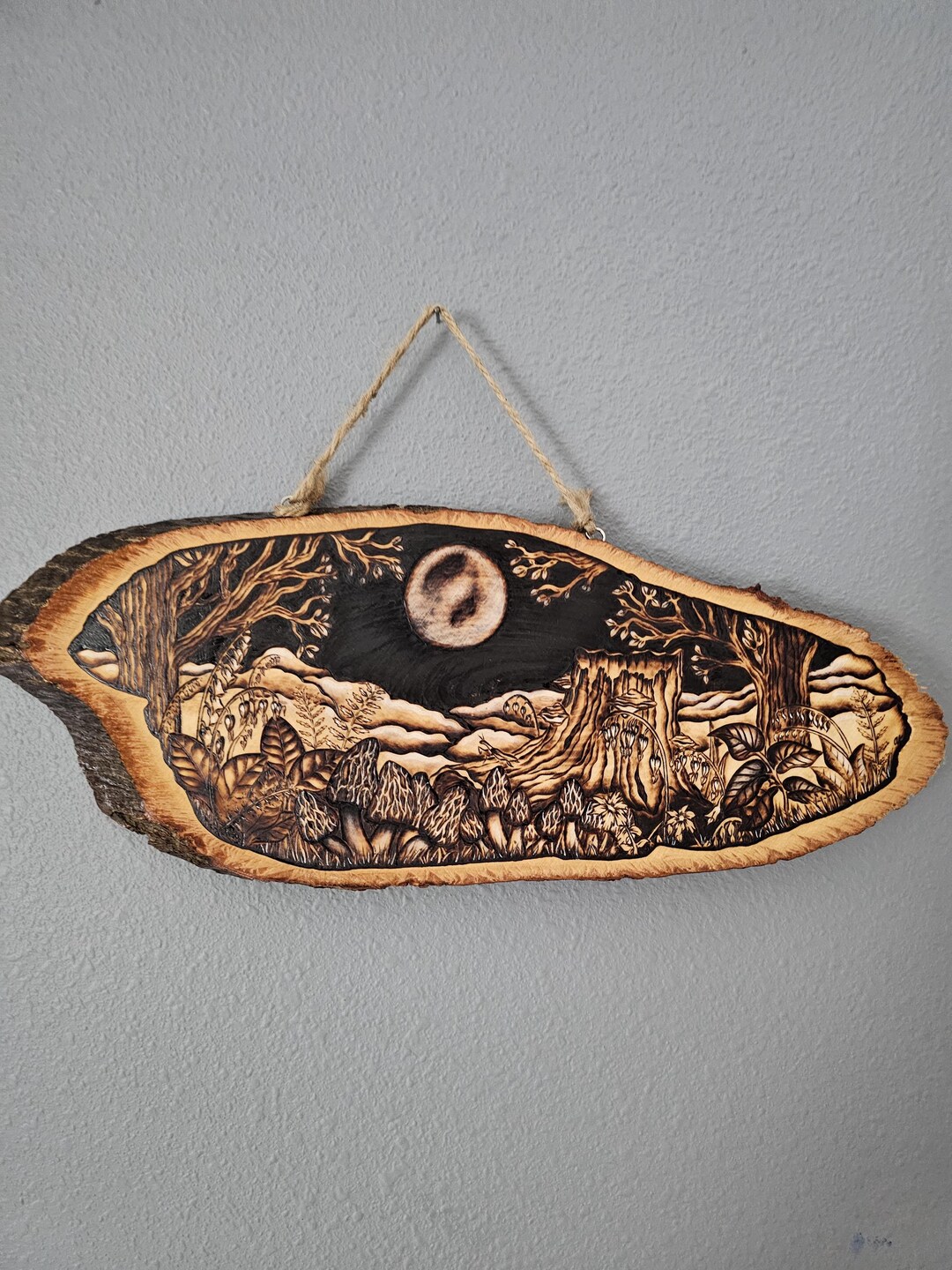 Hand Drawn, Wood-burned Mushroom Moon Art on Natural, Live Edge Wood - Etsy