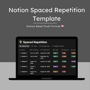 以下が含まれることがあります： ノートパソコンの画面には、Notionのspaced repetitionテンプレートが表示されています。画面には、章名、レビュー日、トピックの列がある表が表示されています。「Science-Based Study Formula」というテキストが画面の上にあります。