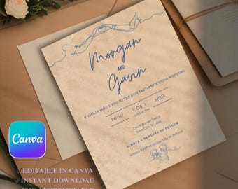 Vorlage für eine Hochzeitseinladung in Staubblau – bearbeitbar, minimalistisch, modern, digital, zum Ausdrucken, zum Selbermachen