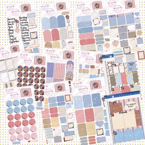 May include: A collection of planner sticker sheets featuring a patriotic theme with red, white, and blue color palettes. The sheets include various shapes such as circles, rectangles, and arches, along with text labels for months and days of the week.