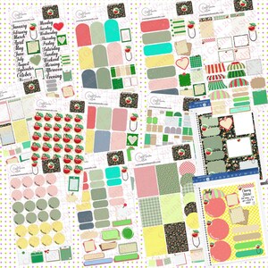 May include: A collection of colorful planner stickers with various shapes and designs. The stickers feature a cherry theme, with text such as "July" and days of the week. The color palette includes red, green, pink, and yellow.
