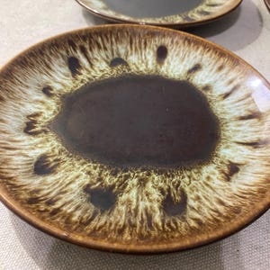 May include: A set of ceramic plates with a brown center and a textured, earthy design around the rim. The plates have a glossy finish and a warm color palette, suitable for serving food.